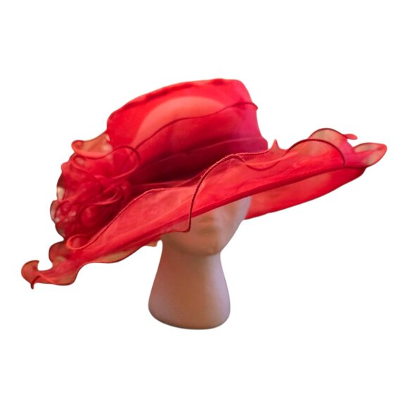 🏷️ NWT  🏷️  LAWLIET Red Organza Wide Brimmed Church Hat  🏷️ NWT  🏷️ - Picture 2 of 6